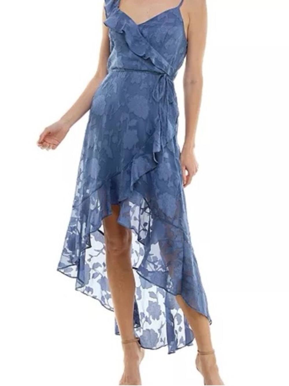 BCX Dress XL Blue Floral One Shoulder Ruffle High Low Maxi Formal Wedding